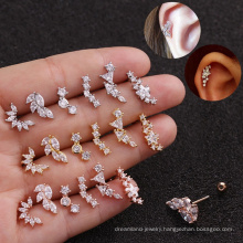 Gold Silver Rose-Gold Color Plated  316L Surgical Steel Zircon Cartilage Tragus  Women's Earring Studs Piercing Jewelry